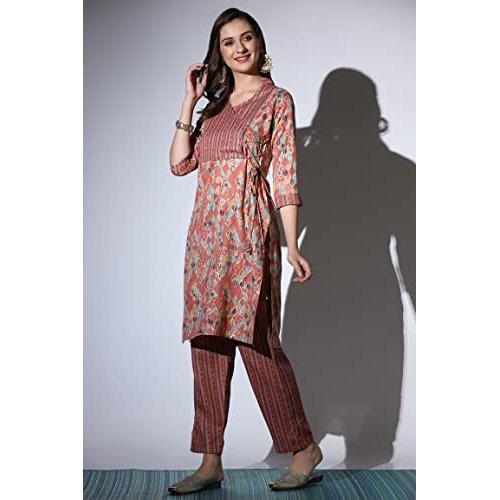 Greciilooks Womens Cotton Casual Regular Fit Kurta Pant Set (Pink, Medium)