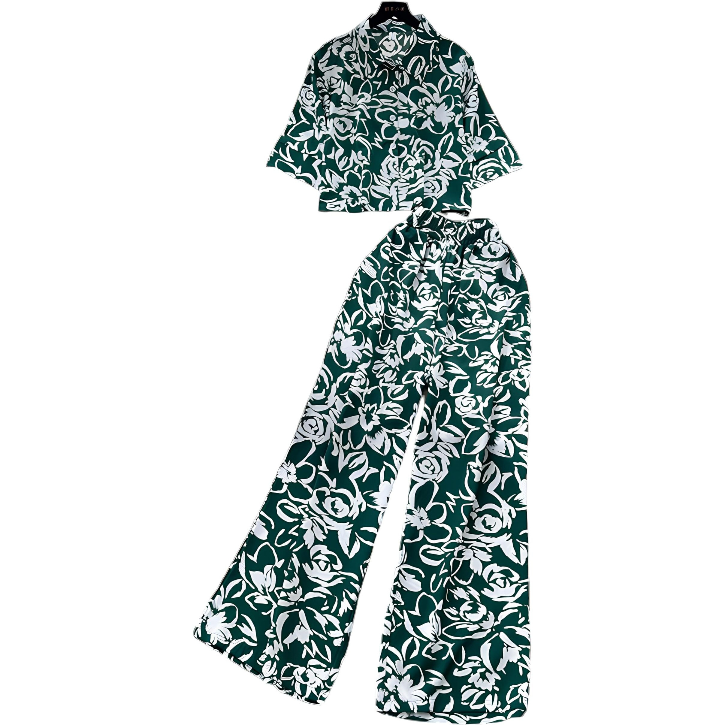 Gufrina Women For Co Ord Set|| Oversize Shirt|Shirt Collar Top| Flora Co-Ord Set For Women Print|Button-Down Casual Wear For Women| Wide-Leg Pants| Casual Wear For Women(Green Xl)