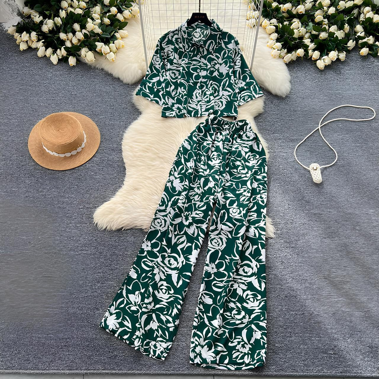 Gufrina Women For Co Ord Set|| Oversize Shirt|Shirt Collar Top| Flora Co-Ord Set For Women Print|Button-Down Casual Wear For Women| Wide-Leg Pants| Casual Wear For Women(Green Xl)