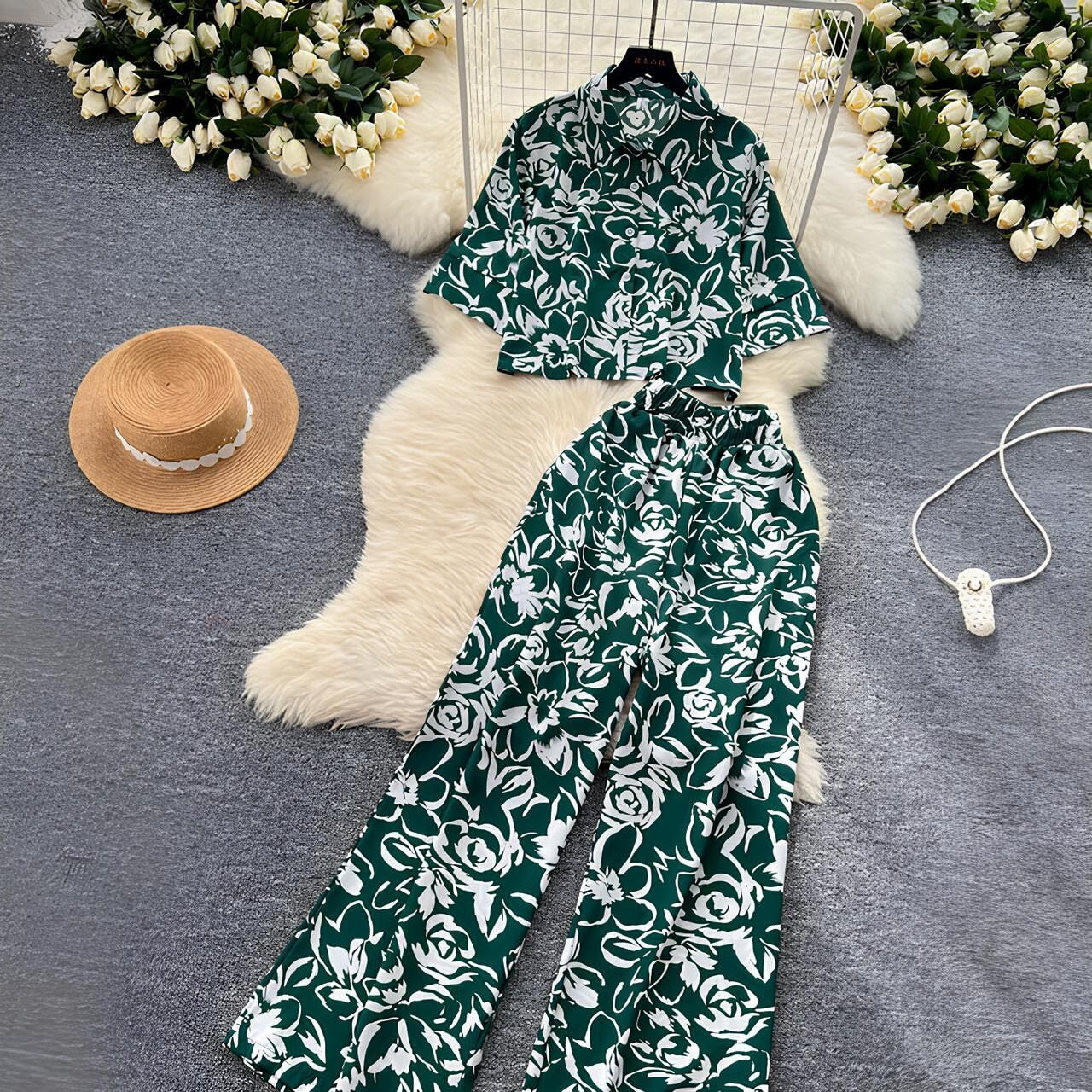 Gufrina Women For Co Ord Set|| Oversize Shirt|Shirt Collar Top| Flora Co-Ord Set For Women Print|Button-Down Casual Wear For Women| Wide-Leg Pants| Casual Wear For Women(Green Xl)