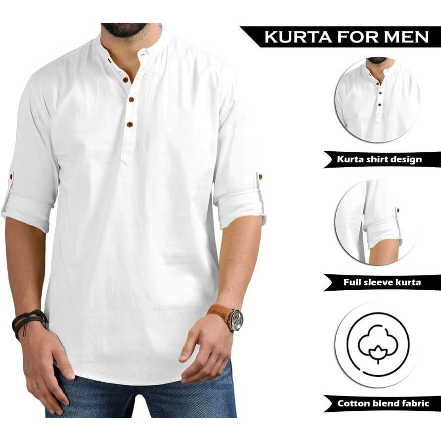 Royalscout Men's Cotton Polyester Blend Solid Regular Fit Full Sleeve Short Kurta (In, Alpha, S, White)
