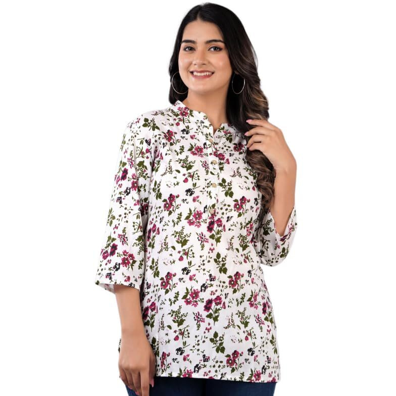 Jikonet Women's Printed Rayon Straight Short Kurti - 535, (Medium, Dark Wine)