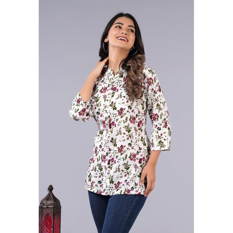 Jikonet Women's Printed Rayon Straight Short Kurti - 535, (Medium, Dark Wine)