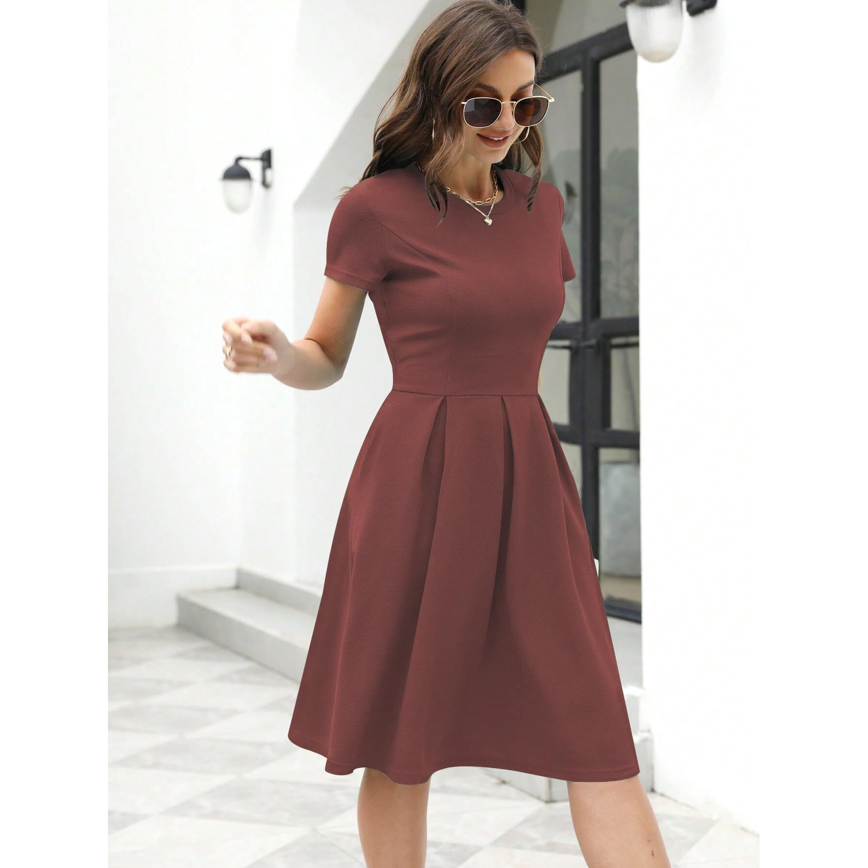 Shasmi Girl's & Women's Solid Rust Brown Color Solid Slant Pocket Fold Pleated, Women Cocktail Party Vintage Style With Pockets Big Swing Simple Retro Dress (Dress 166 Brown-M)