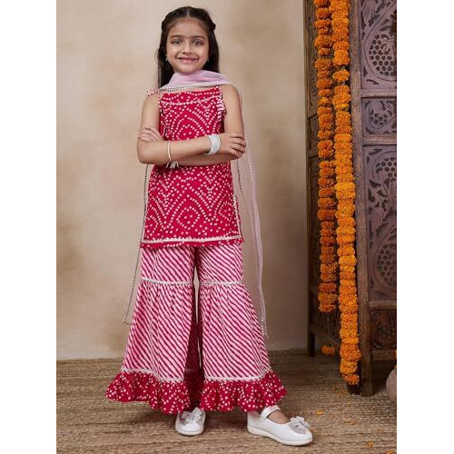 Pspeaches Girl's Cotton 1 Kurti, 1 Sharara, 1 Dupatta (Sha-Magentadot-6-7Y_Magenta