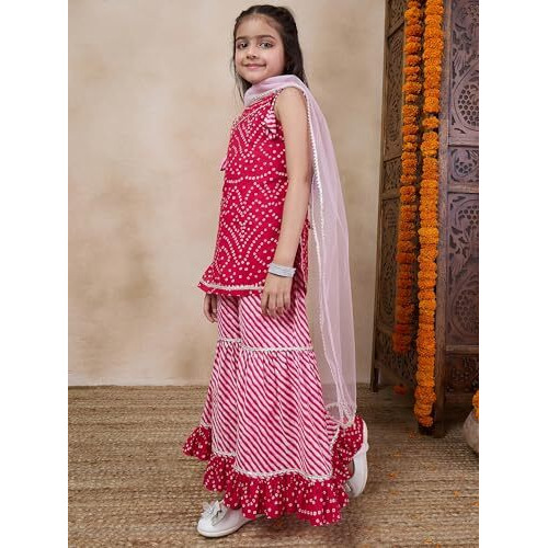 Pspeaches Girl's Cotton 1 Kurti, 1 Sharara, 1 Dupatta (Sha-Magentadot-6-7Y_Magenta