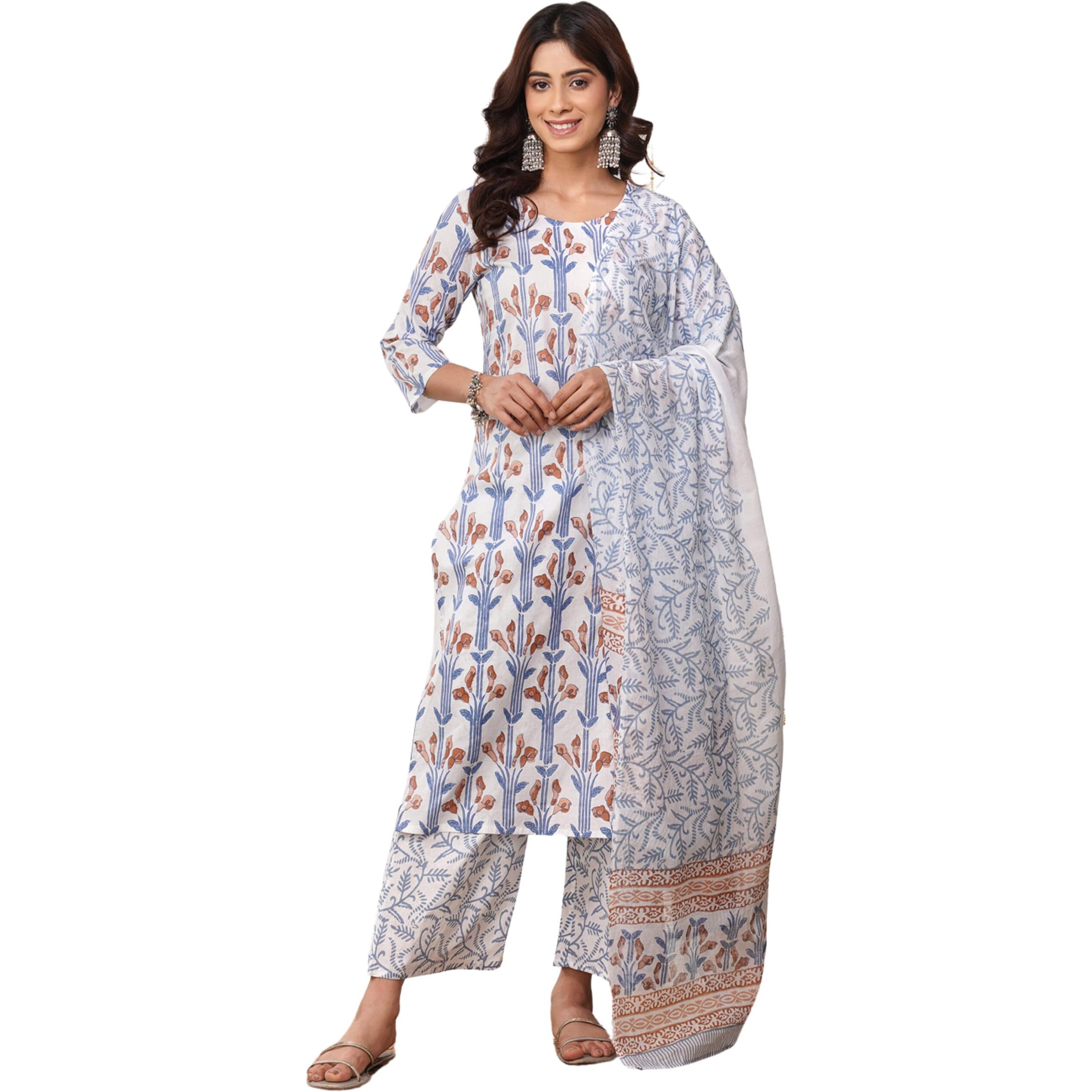Rytras Women's Pure Cotton Printed Straight Kurta Set With Palazzo Pants & Dupatta- Ethnic Wear, White(Ryt633,M)