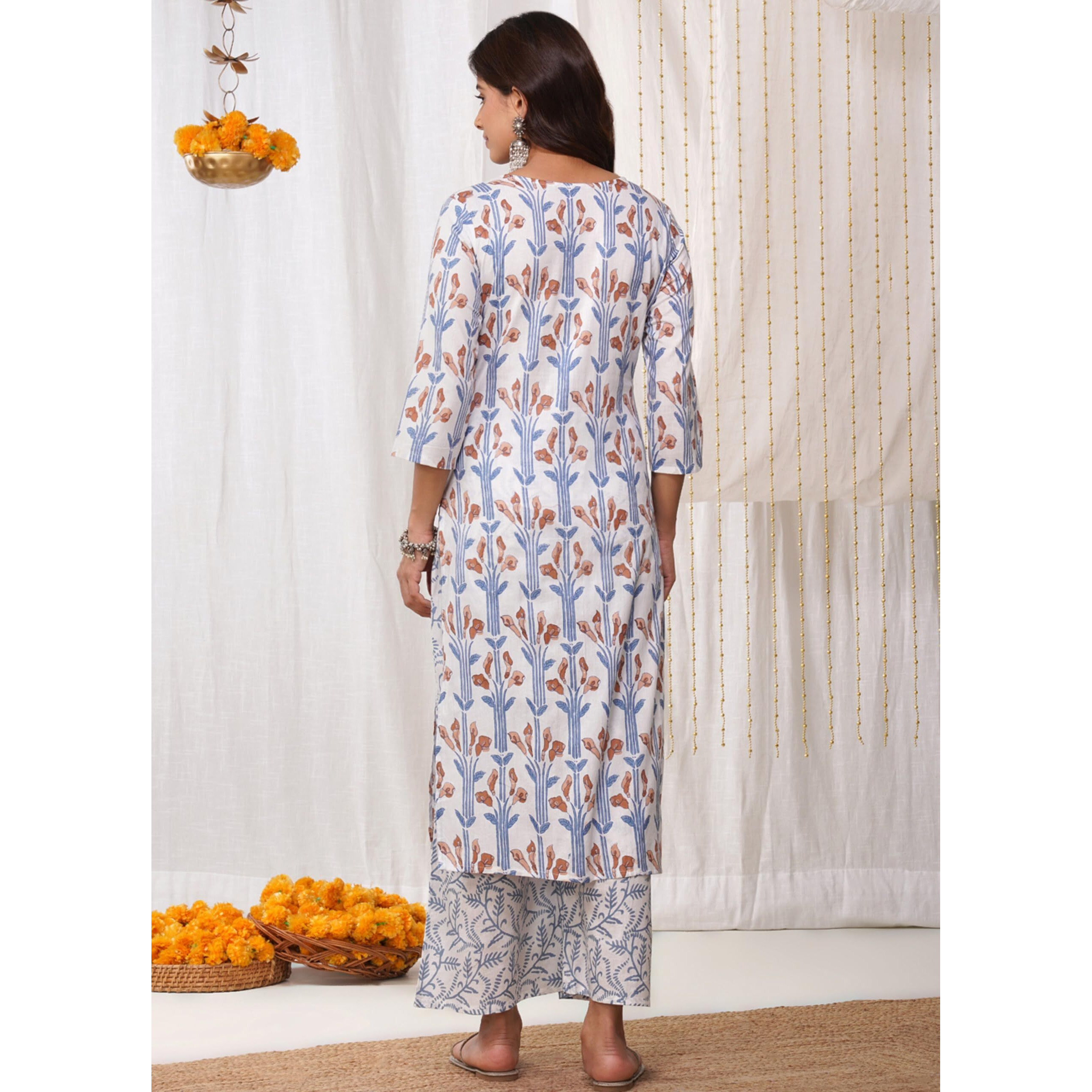 Rytras Women's Pure Cotton Printed Straight Kurta Set With Palazzo Pants & Dupatta- Ethnic Wear, White(Ryt633,M)