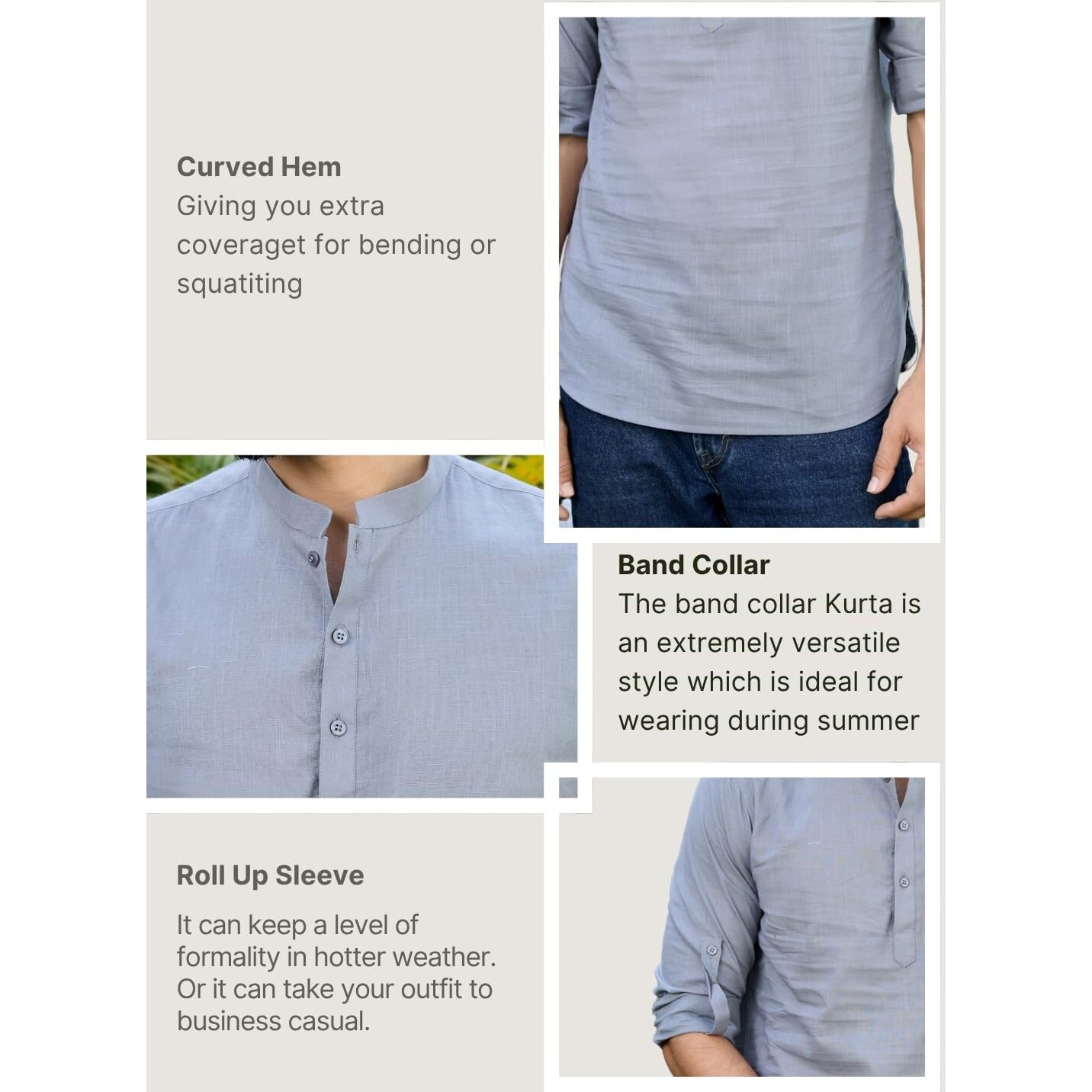 See Designs Men's Roll-Up Sleeve Mandarin Collar Men Gray Pure Cotton Slub Short Kurta - Sdkt2970S