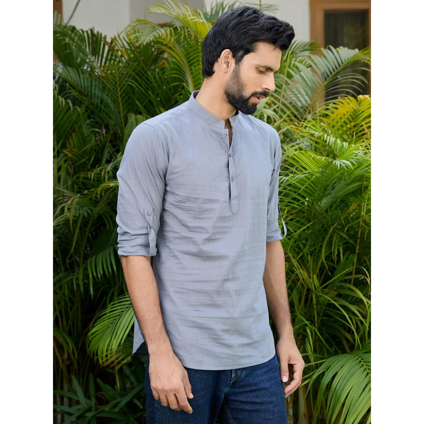 See Designs Men's Roll-Up Sleeve Mandarin Collar Men Gray Pure Cotton Slub Short Kurta - Sdkt2970S