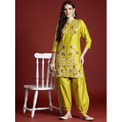 Womanista Women's Cotton Blend Solid Straight Set (Co-Ords_9086_Lemon Yellow