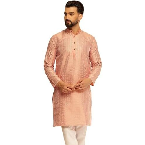 Sojanya (Since 1958 Men's Silk Blend Peach Long Kurta With Contrast White Thread Detailing