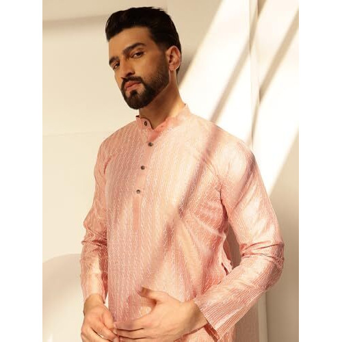 Sojanya (Since 1958 Men's Silk Blend Peach Long Kurta With Contrast White Thread Detailing