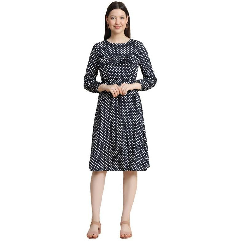 Toochki Women's Dark Blue Muslin Polka Dot Fit & Flared Western Dress | Dress For Women | A Line Dress | Winter Dress | Western Dress | Latest Women Dress | Trendy Dress | Midi Dress