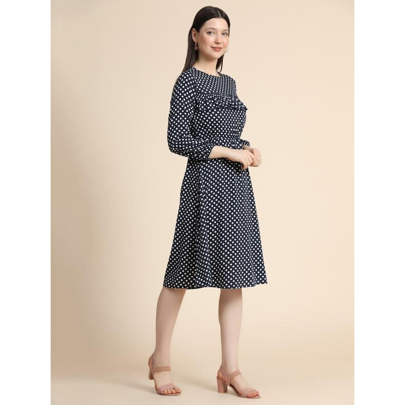 Toochki Women's Dark Blue Muslin Polka Dot Fit & Flared Western Dress | Dress For Women | A Line Dress | Winter Dress | Western Dress | Latest Women Dress | Trendy Dress | Midi Dress
