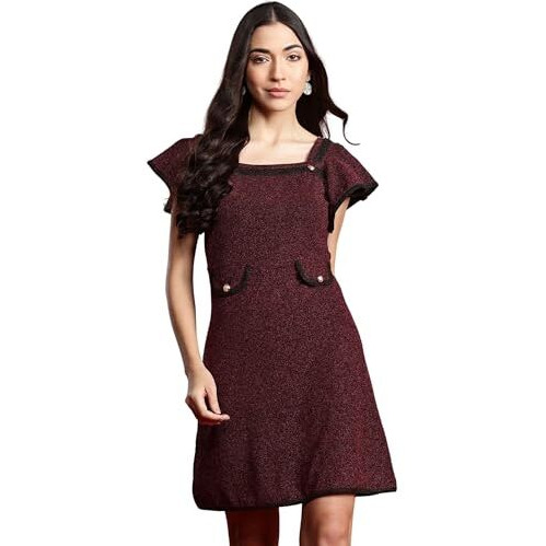 Addyvero Women Flutter Sleeves Maroon Square Neck With Knee-Length Detailing Fit And Flare Party Dress (Maroon, M)