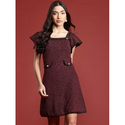 Addyvero Women Flutter Sleeves Maroon Square Neck With Knee-Length Detailing Fit And Flare Party Dress (Maroon, M)