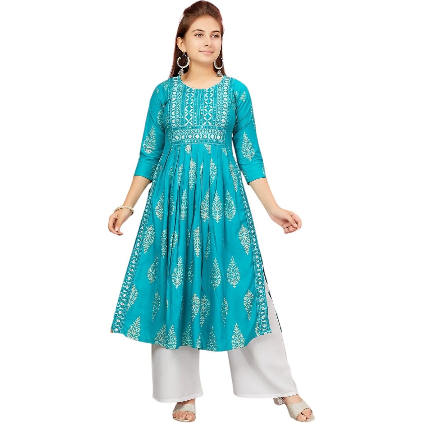 Aarika Girls C-Green-White Colour Cotton Kurti Palazzo Set (Pl-K-Ap-1119-Firozi-White-40)