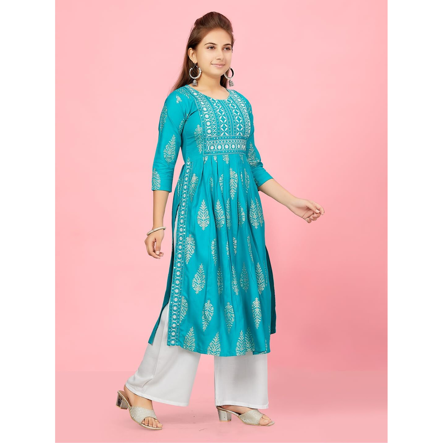 Aarika Girls C-Green-White Colour Cotton Kurti Palazzo Set (Pl-K-Ap-1119-Firozi-White-40)