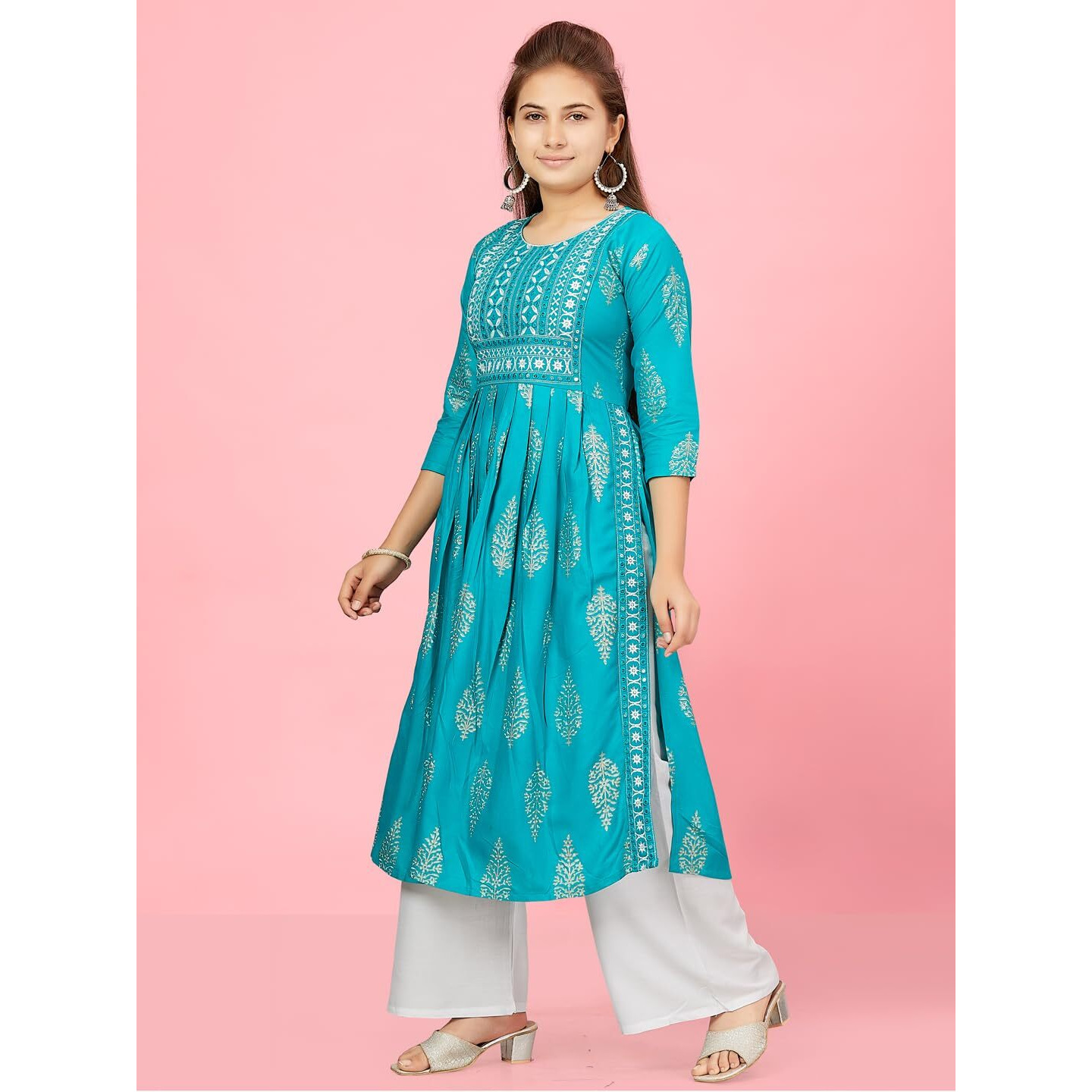 Aarika Girls C-Green-White Colour Cotton Kurti Palazzo Set (Pl-K-Ap-1119-Firozi-White-40)