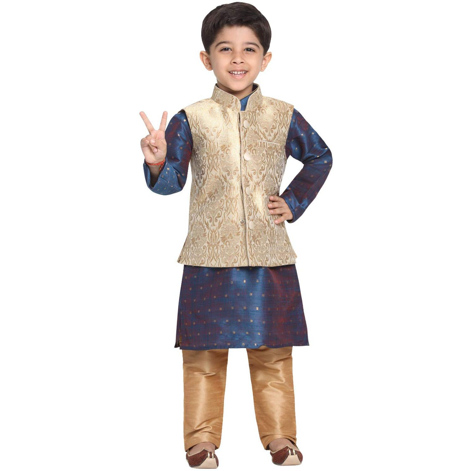 Jbn Creation Boys' Gold And Persian Blue Silk Blend Kurta, Ethnic Jacket And Pyjama Set (Vasbj024Rgnbk023Bunprg, For 13-14 Years)