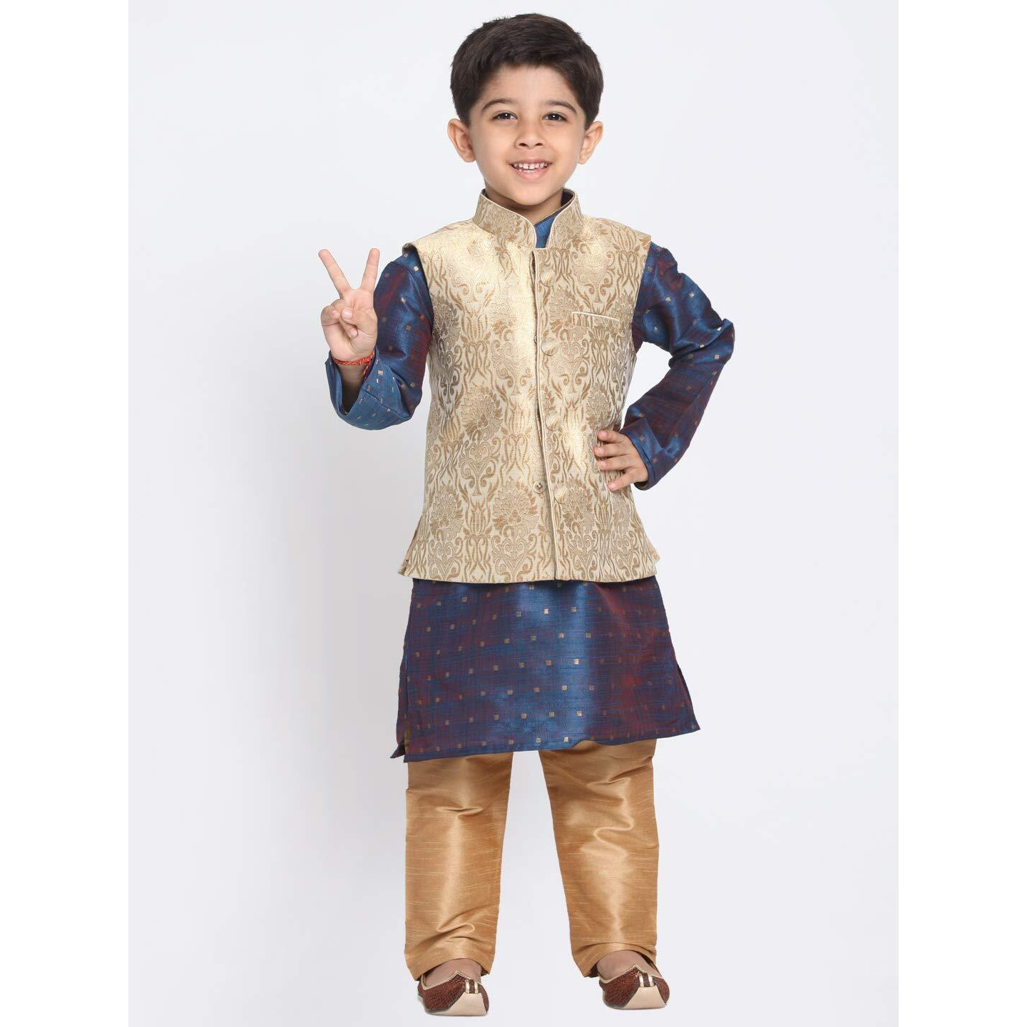 Jbn Creation Boys' Gold And Persian Blue Silk Blend Kurta, Ethnic Jacket And Pyjama Set (Vasbj024Rgnbk023Bunprg, For 13-14 Years)
