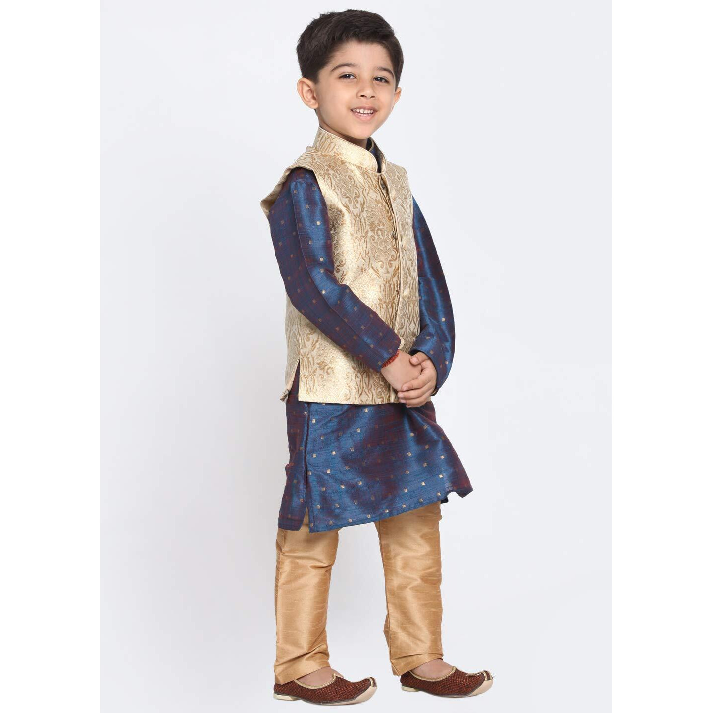 Jbn Creation Boys' Gold And Persian Blue Silk Blend Kurta, Ethnic Jacket And Pyjama Set (Vasbj024Rgnbk023Bunprg, For 13-14 Years)