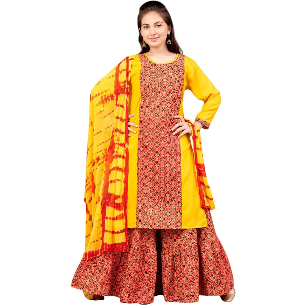 Aarika Girls Ethnic Wear Yellow Colour Damask Print Rayon Kurti-8-15 Years (Kurti-Tr-K-864)