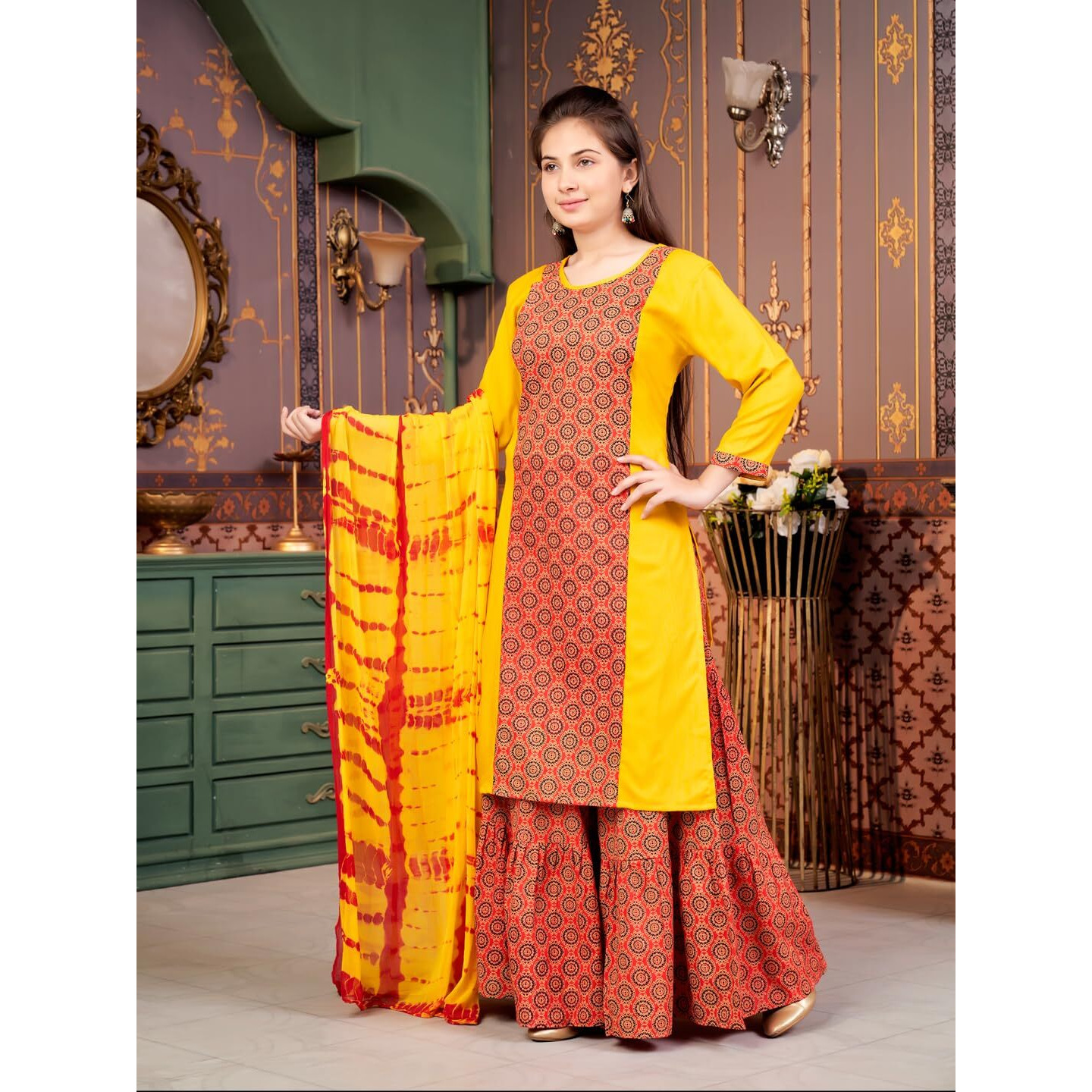 Aarika Girls Ethnic Wear Yellow Colour Damask Print Rayon Kurti-8-15 Years (Kurti-Tr-K-864)