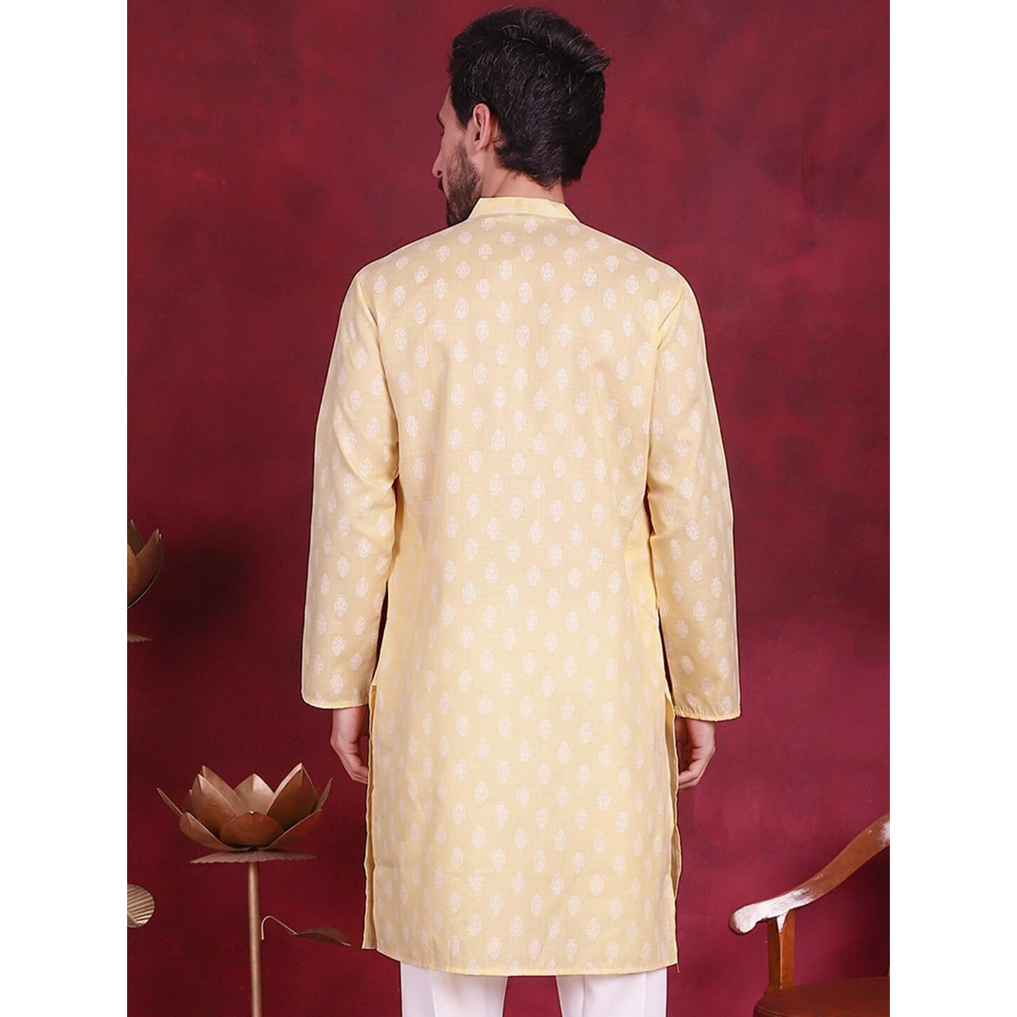 Jompers Yellow Floral Printed Kurtas For Men (Yellow, L)