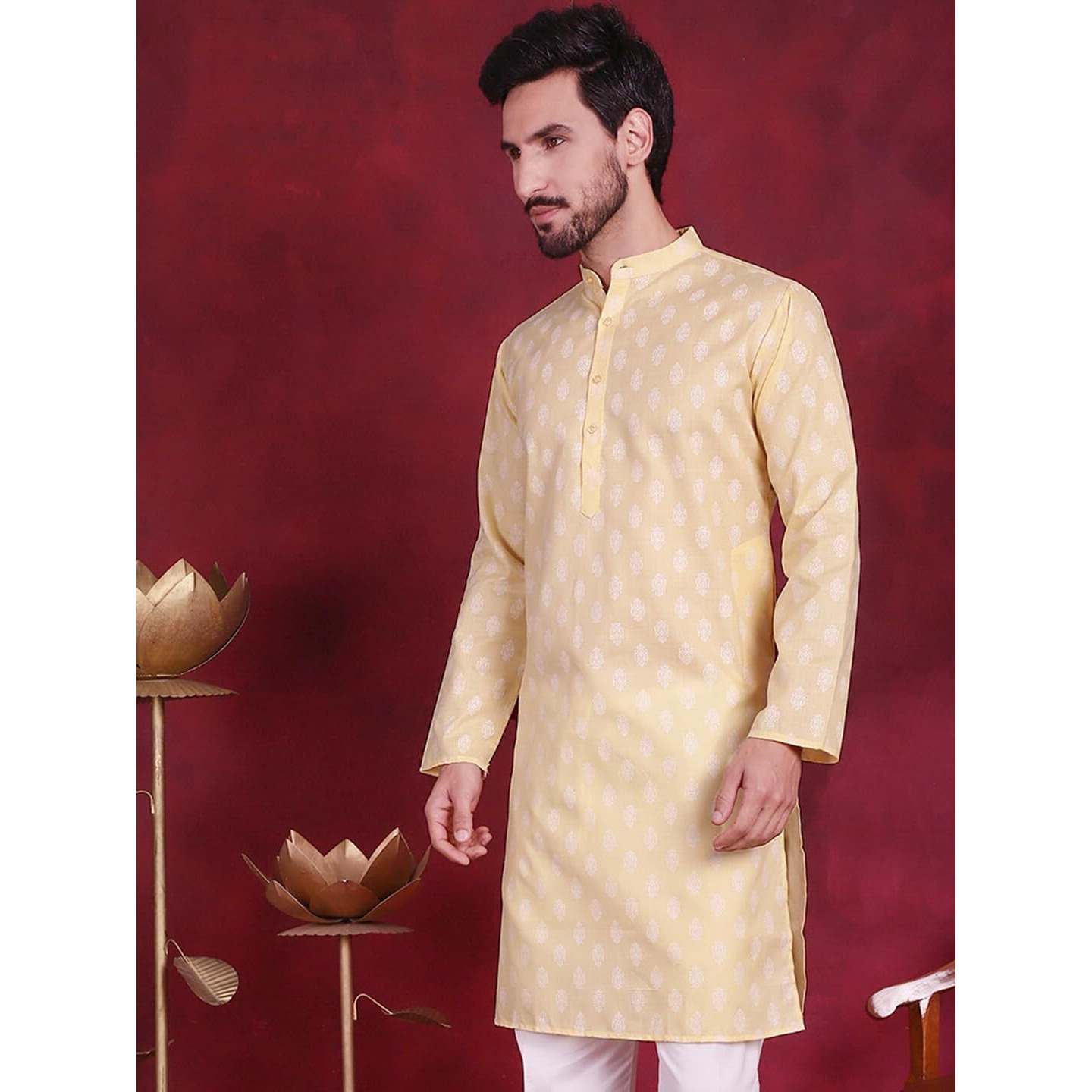 Jompers Yellow Floral Printed Kurtas For Men (Yellow, L)
