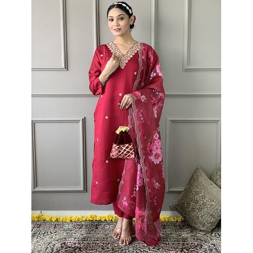 Shiv Textiles Silk Blend Embroidery Kurta Set For Women (Jd-Lilla-Red-S)