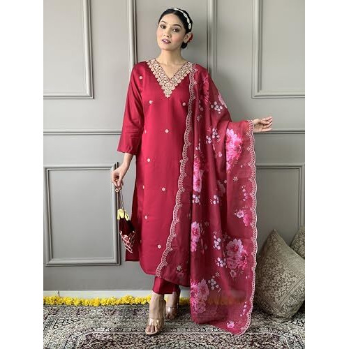 Shiv Textiles Silk Blend Embroidery Kurta Set For Women (Jd-Lilla-Red-S)