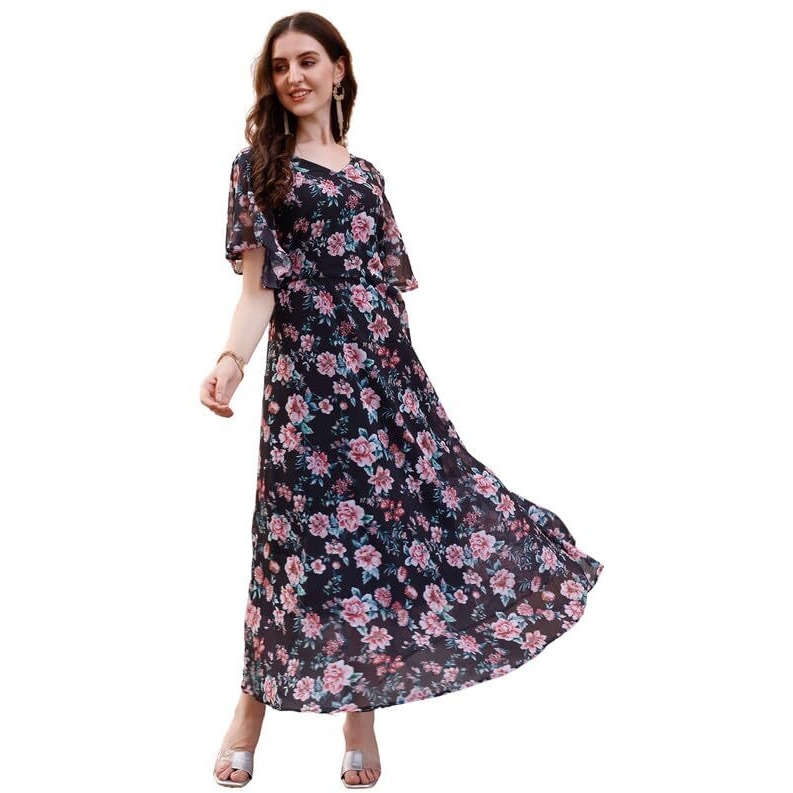 Smowkly Women's Georgette Floral Printed Indo-Western Ethnic Gown || Half Sleeve V Neck Fit & Flare Flared Hem Design || A-Line Maxi Dress Casual Wear (Black & Red, Medium)