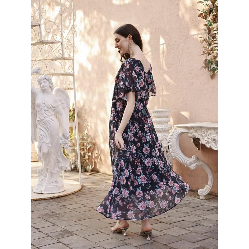 Smowkly Women's Georgette Floral Printed Indo-Western Ethnic Gown || Half Sleeve V Neck Fit & Flare Flared Hem Design || A-Line Maxi Dress Casual Wear (Black & Red, Medium)