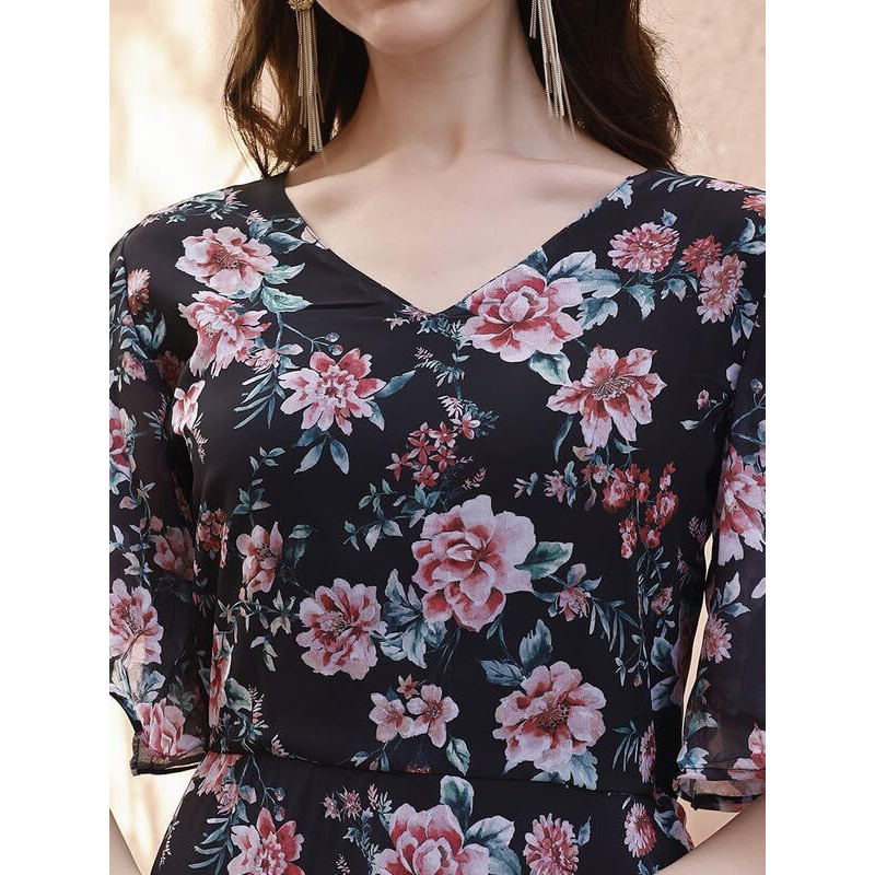 Smowkly Women's Georgette Floral Printed Indo-Western Ethnic Gown || Half Sleeve V Neck Fit & Flare Flared Hem Design || A-Line Maxi Dress Casual Wear (Black & Red, Medium)