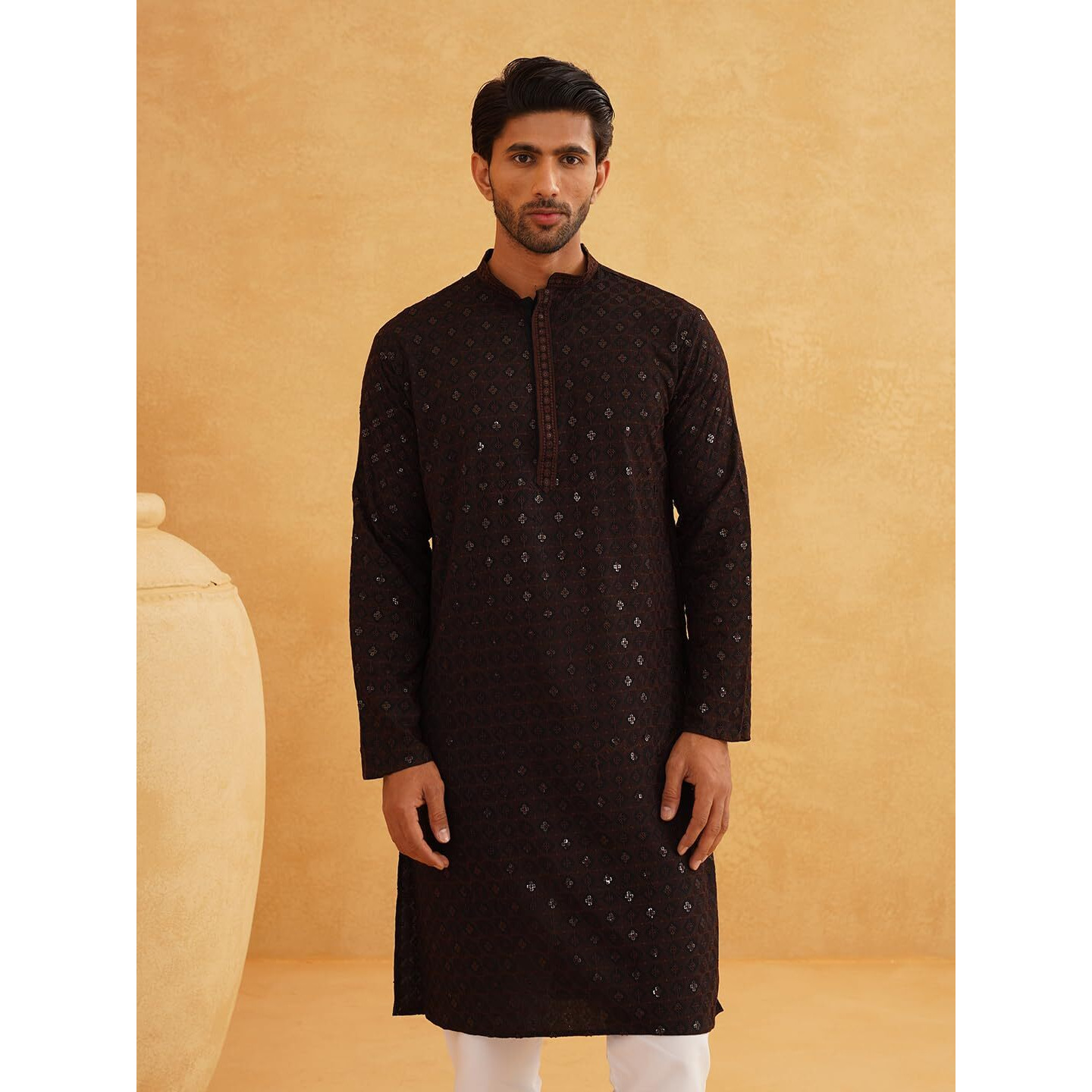 Sojanya (Since 1958 Men's Cotton Contrast Embroidered Sequinned Coffee Brown Long Kurta Size 36