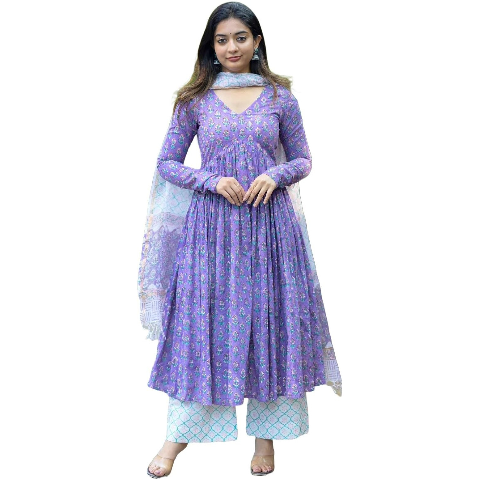 Nermosa Women Printed Anarkali Kurta And Pant Set With Dupatta (In, Alpha, S, Purple)