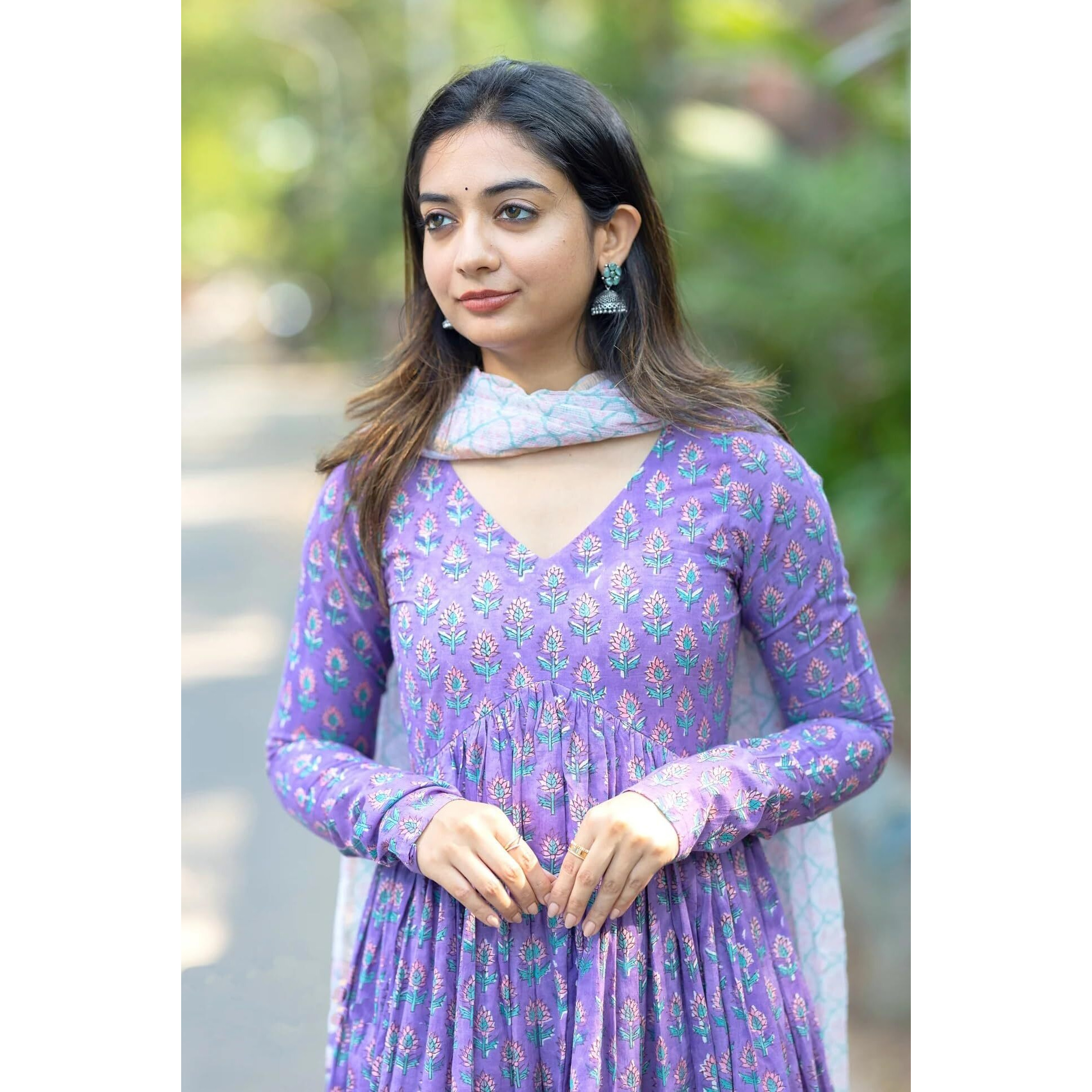 Nermosa Women Printed Anarkali Kurta And Pant Set With Dupatta (In, Alpha, S, Purple)