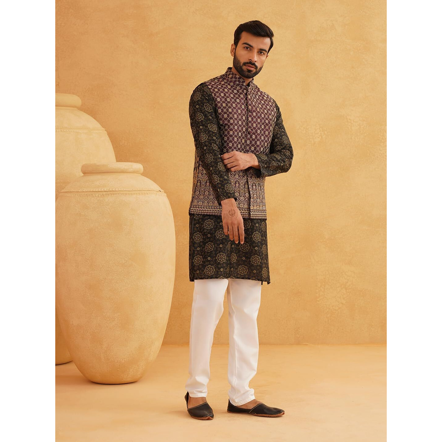 Sojanya (Since 1958 Men's Silk Blend Print Black Kurta And Off-White Pyjama With Wine Nehrujacket