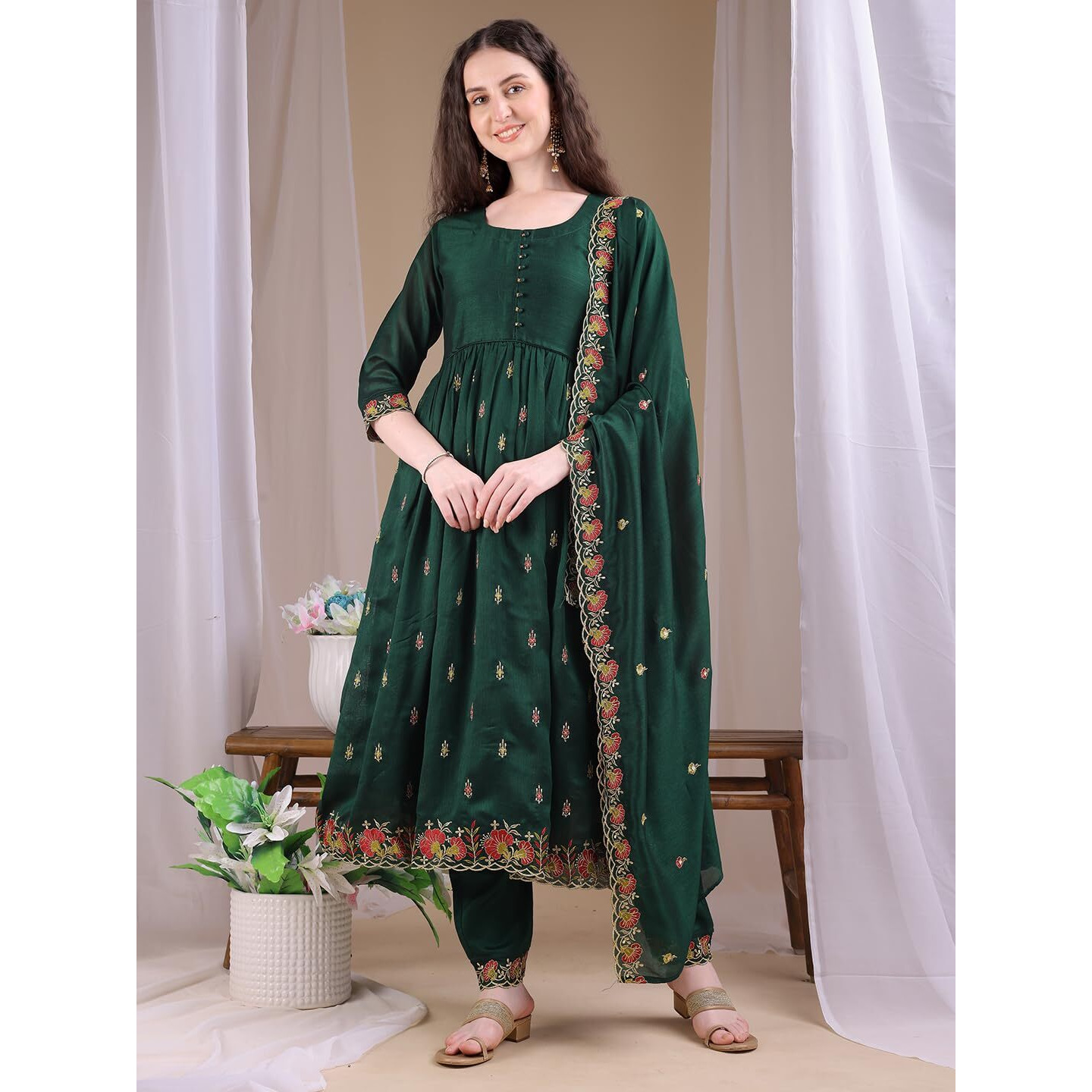 Pratham Blue Women's Rayon Embroidered Anarkali Kurta And Pant With Dupatta Set (Kurta Set For Women_Bkpa-1066-S_Dark Green)