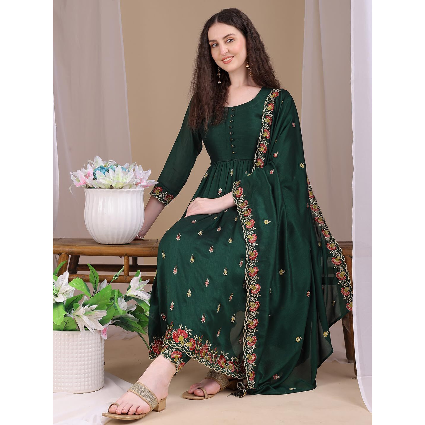Pratham Blue Women's Rayon Embroidered Anarkali Kurta And Pant With Dupatta Set (Kurta Set For Women_Bkpa-1066-S_Dark Green)