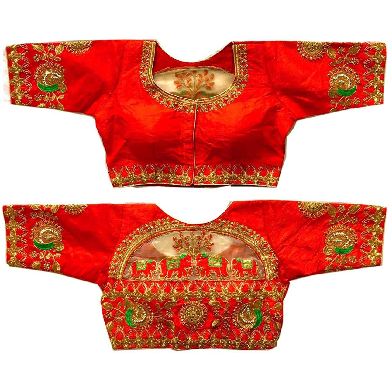 Pujia Mills Women's Phantom Silk Elephant Half Sleeve Saree Blouse (Dumbo_Red_36 Size+Margin)