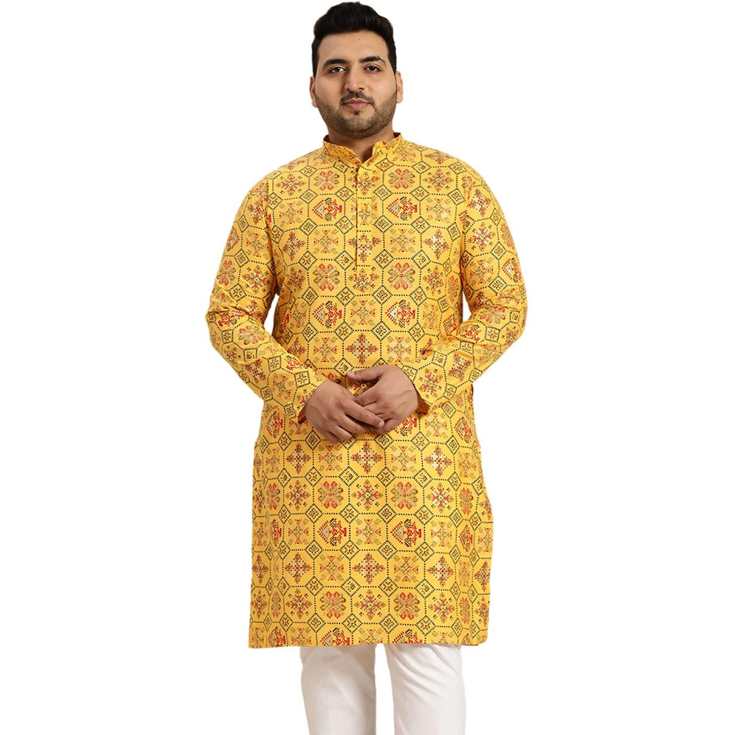 Sojanya Plus (Since 1958) Men's Cotton Linen Yellow And Multi Printed Only Long Kurta