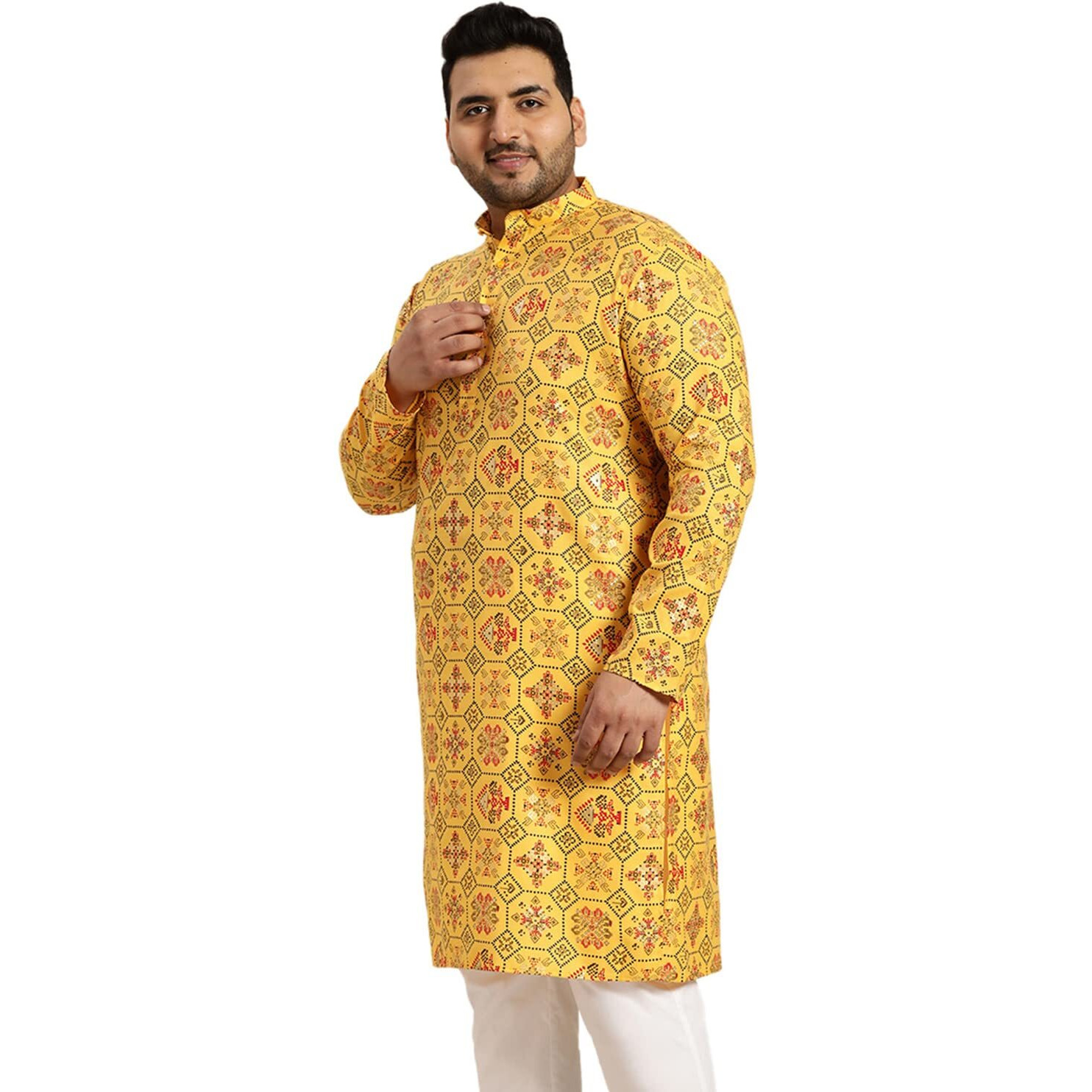 Sojanya Plus (Since 1958) Men's Cotton Linen Yellow And Multi Printed Only Long Kurta