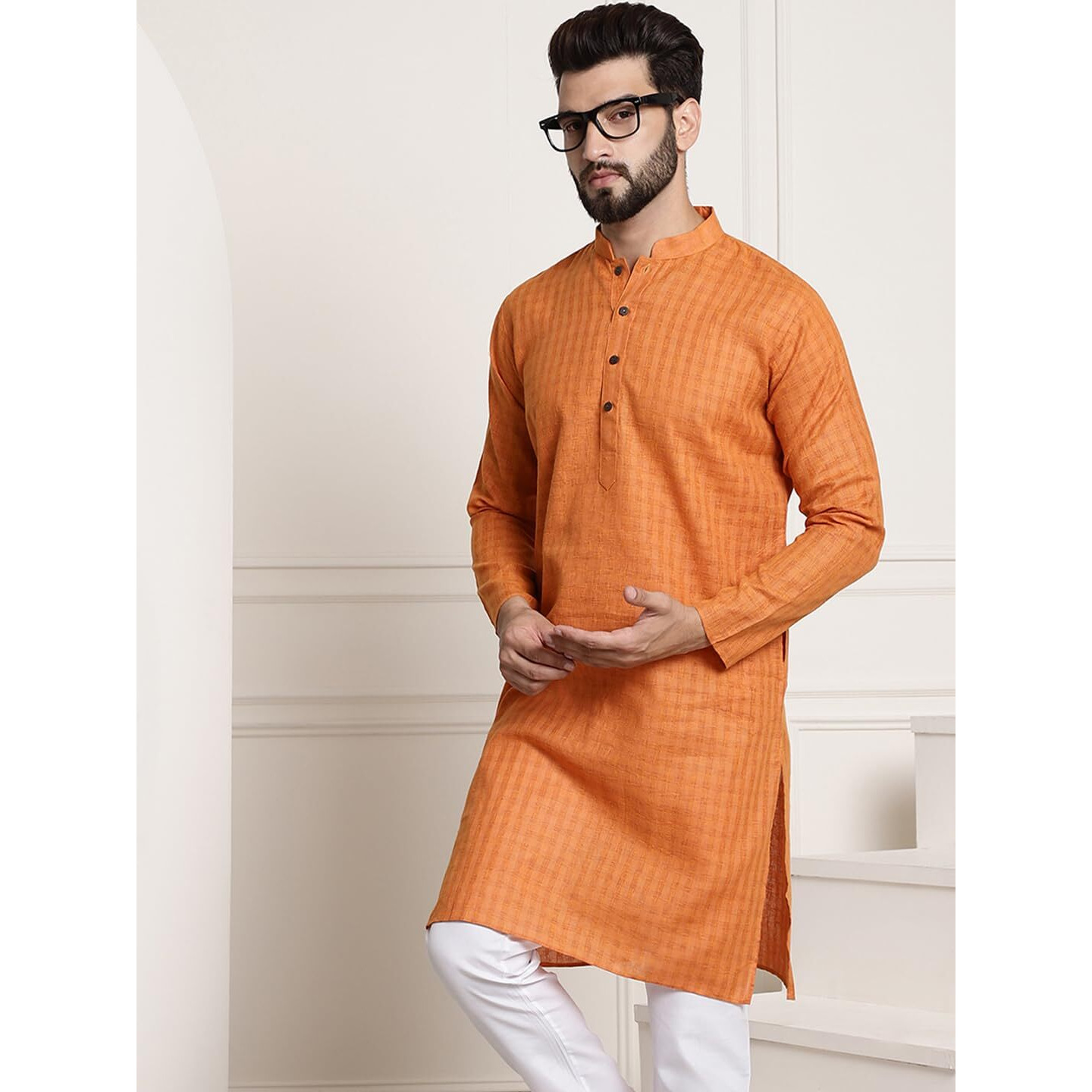 Sojanya (Since 1958 Men's Cotton Blend Orange Checked Only Kurta