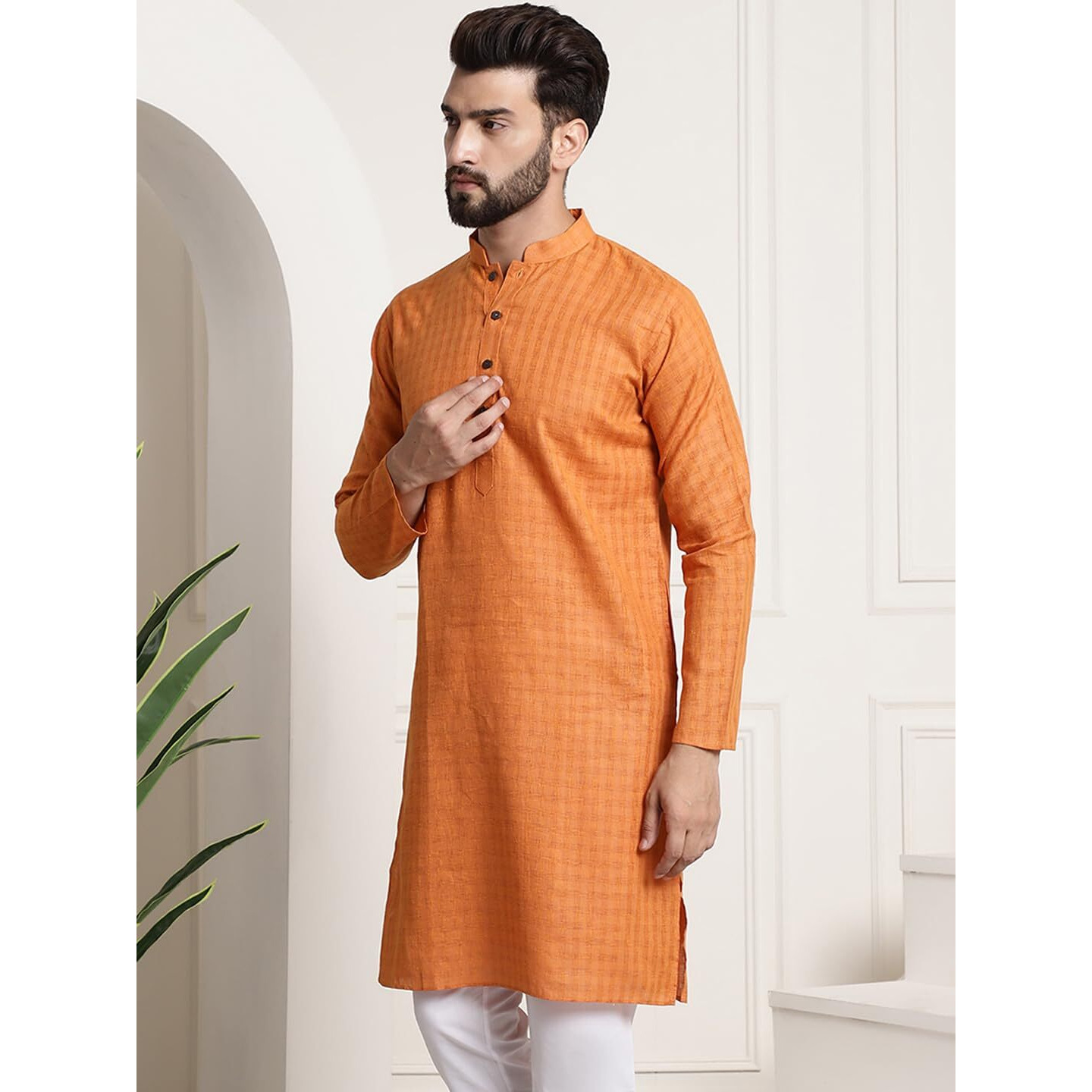 Sojanya (Since 1958 Men's Cotton Blend Orange Checked Only Kurta