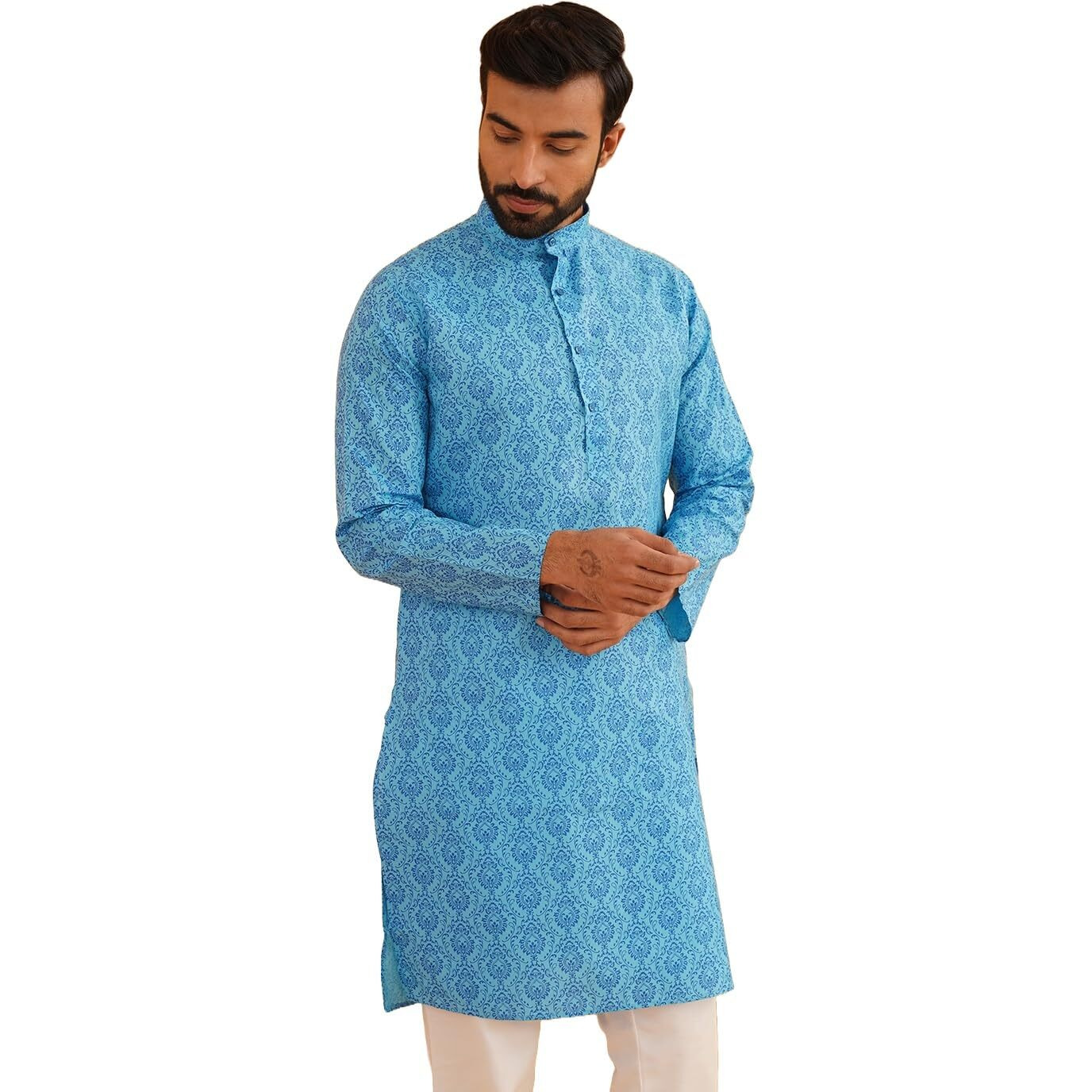 Sojanya (Since 1958 Men's Cotton Blend Blue Color Paisley Design Only Long Kurta