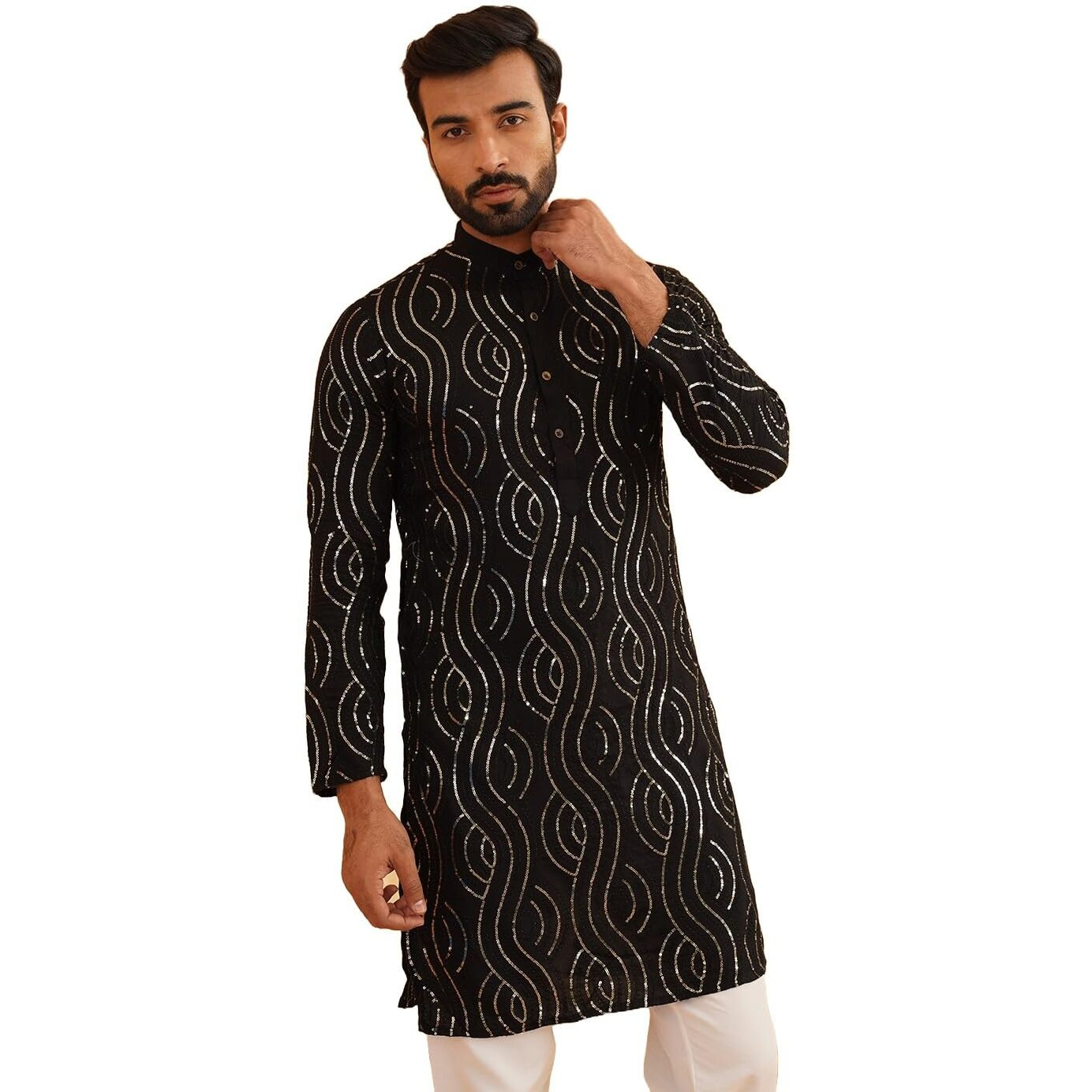 Sojanya (Since 1958 Men's Embroidered Sequinned Cotton Black Long Kurta