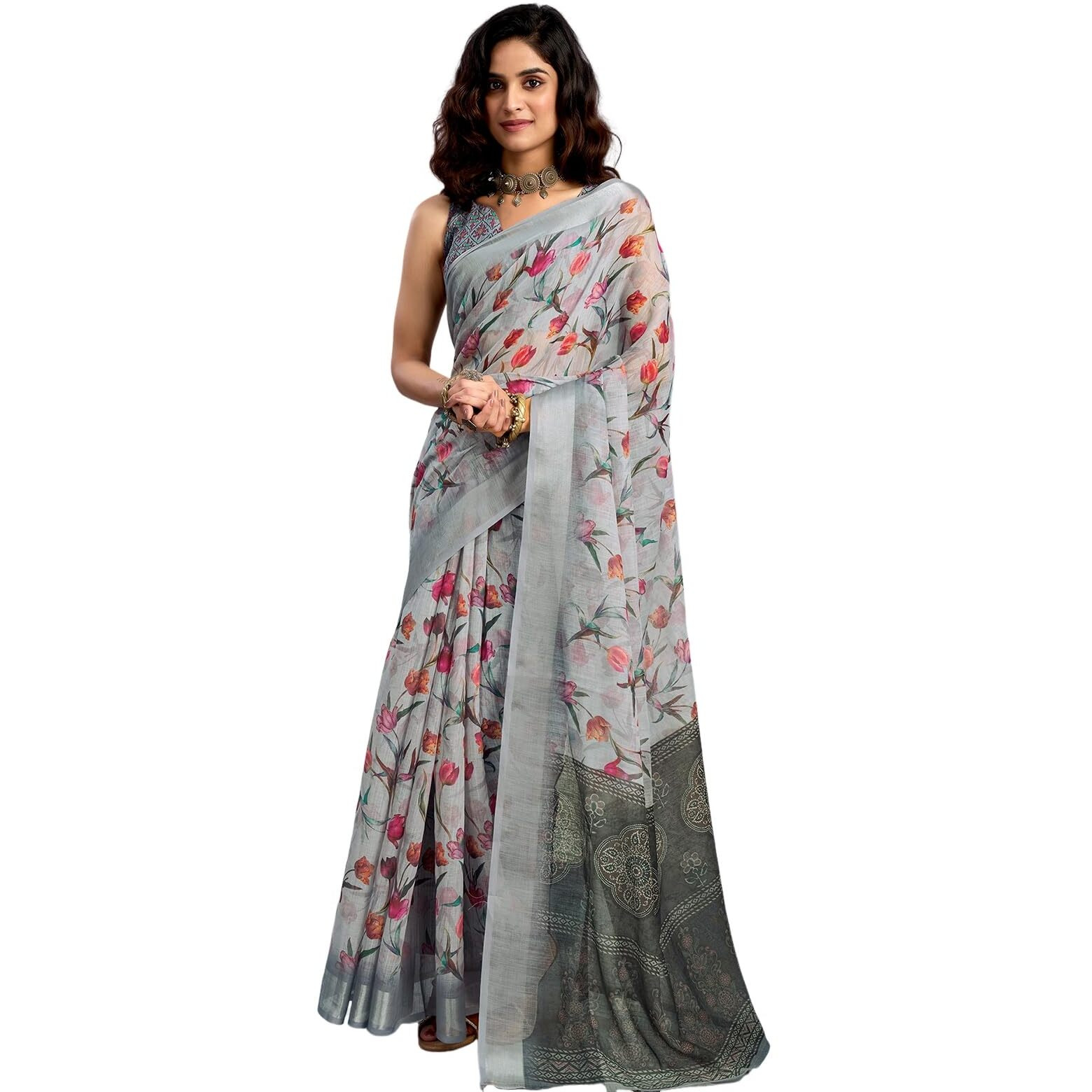 Satrani Women's Linen Zari Border Printed Saree With Unstitched Blouse Piece (4342S215N_Grey1)